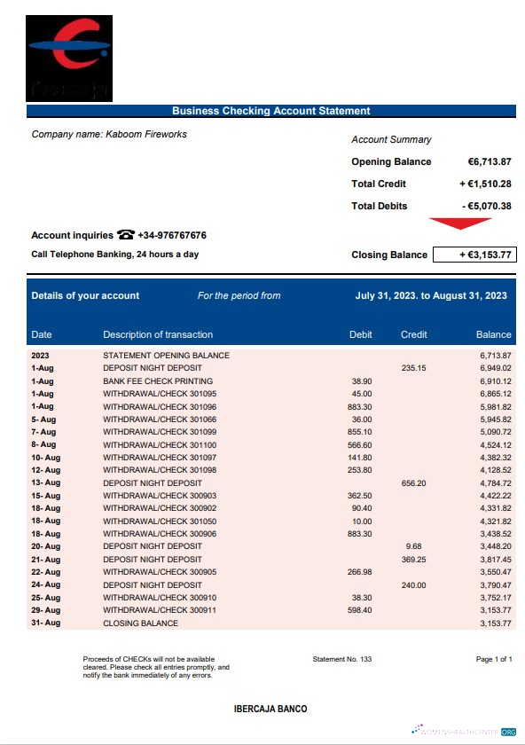 Download Ibercaja Bank firm account statement Word and PDF template Photoshop template